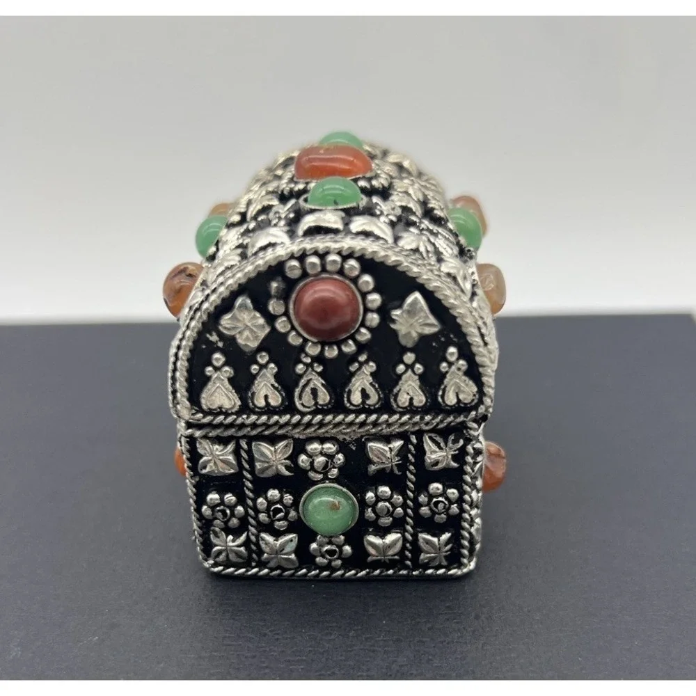 Small Metal and Semiprecious Stones Jewelled Pillbox Trinket Jewelry Box
